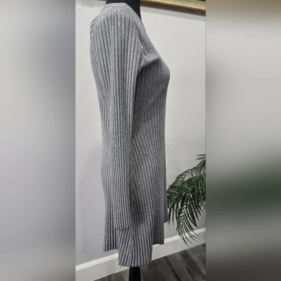 Theory Ribbed Matte Viscose Long Sleeve Sweater Dress Gray Size M, Midi, Office - Picture 2 of 7